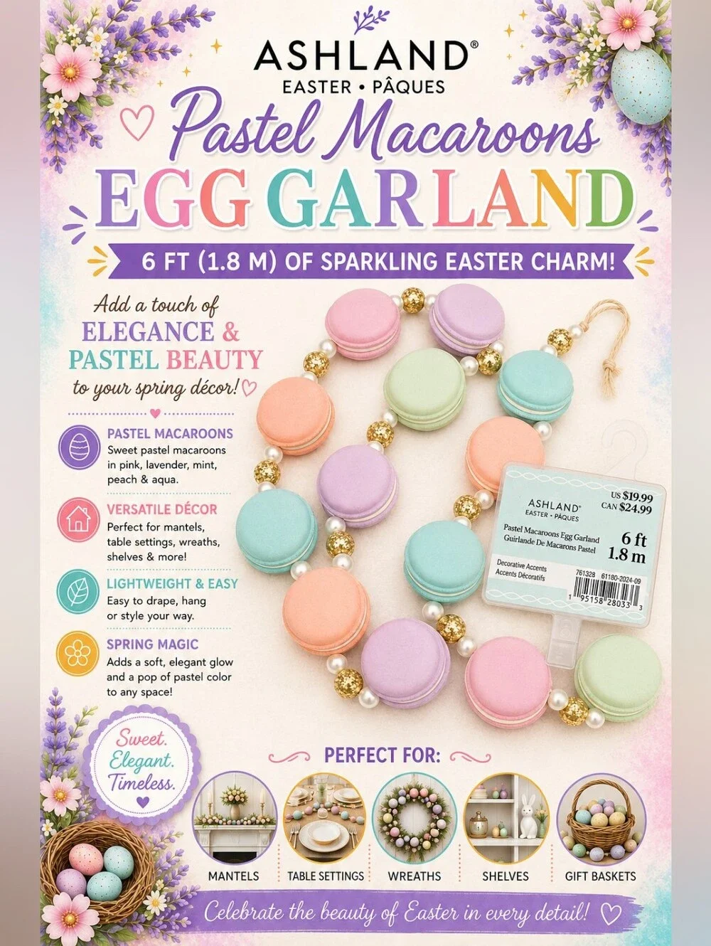 🌞Ashland Pastel Macaroons Egg Garland - Pink, Lavender, Mint, Peach, Aqua 6ft